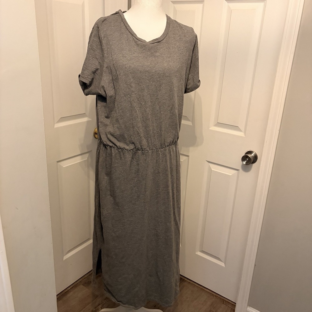 Old Navy Gray Slub-Knit Waist-Defined Midi T-Shirt Dress XL Side Slits Comfy EUC